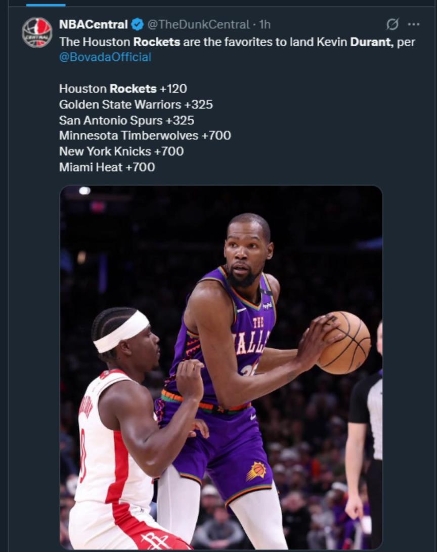 难道说？美媒晒杜兰特下家赔率，火箭大幅度领跑！